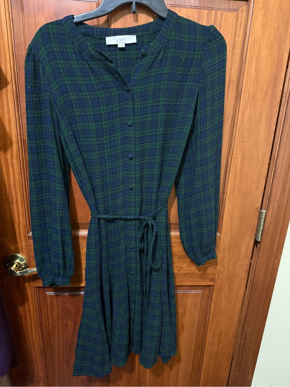 LOFT Green and Navy Plaid Long-Sleeve Tie-Waist Dress
